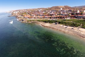 Aerial view of Las Gaviotas oceanfront community in Baja California